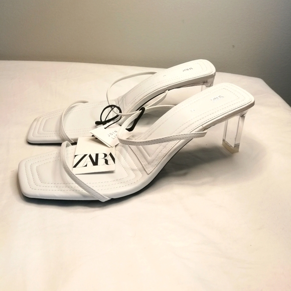 NWT ZARA White Leather Methacrylate Heeled Sandals